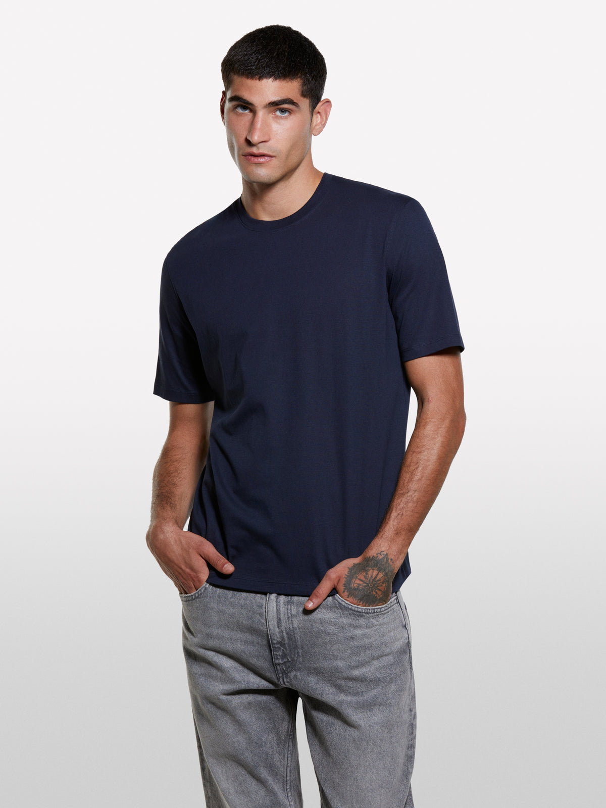 T-shirt azul-escuro de gola redonda 100% algodão orgânico - ucb_image_FY