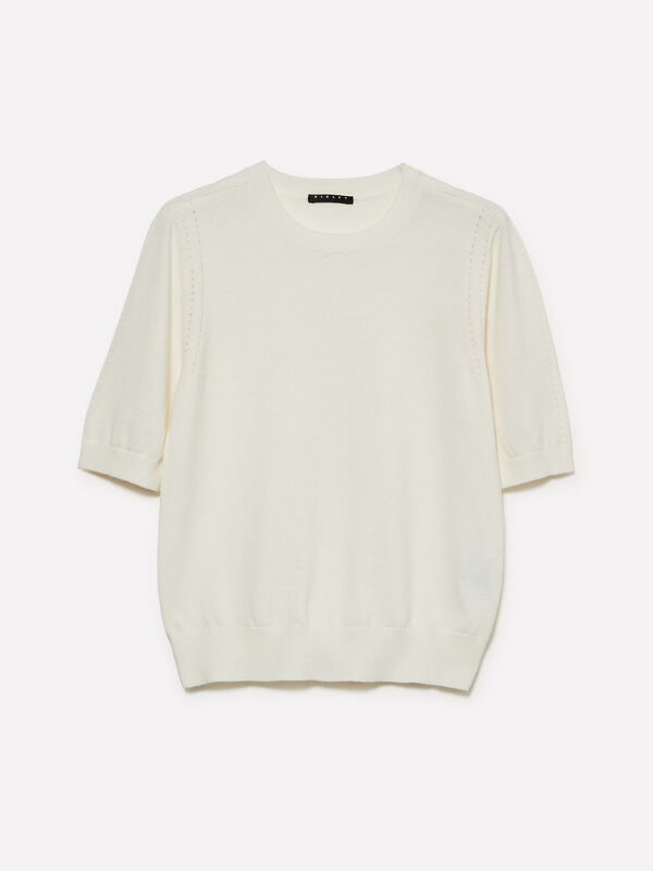 Μπλούζα λευκό κρεμ κοντομάνικη  - μπλούζες με λαιμόκοψη γυναικείες | Sisley