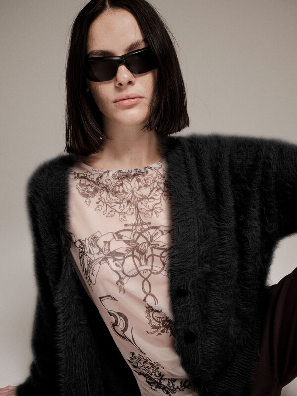 Μπλούζα μπεζ από τούλι με τύπωμα - τοπ γυναικεία | Sisley