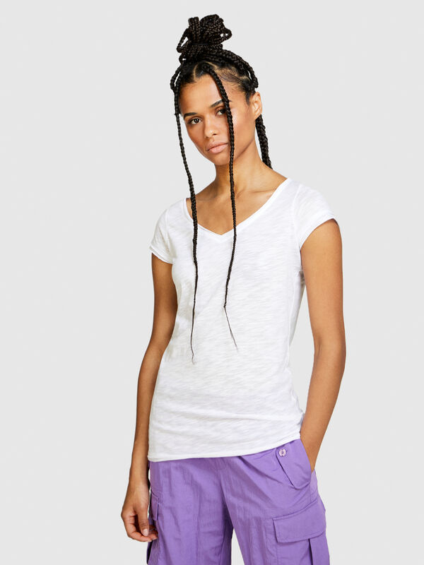 Μπλούζα με V λαιμόκοψη - μπλουζάκια κοντομάνικα γυναικεία | Sisley