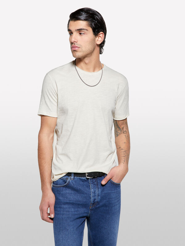 Μπλούζα κοντομάνικη μπεζ ανοιχτό slim fit - μπλουζάκια κοντομάνικα ανδρικά | Sisley