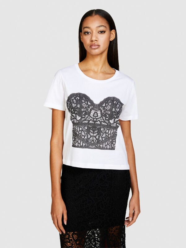 Μπλούζα με τύπωμα φωτογραφία - μπλουζάκια κοντομάνικα γυναικεία | Sisley