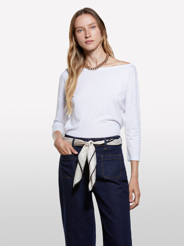 Μπλούζα λευκή με λαιμόκοψη χαμόγελο - μπλουζάκια μακρυμάνικα γυναικεία | Sisley