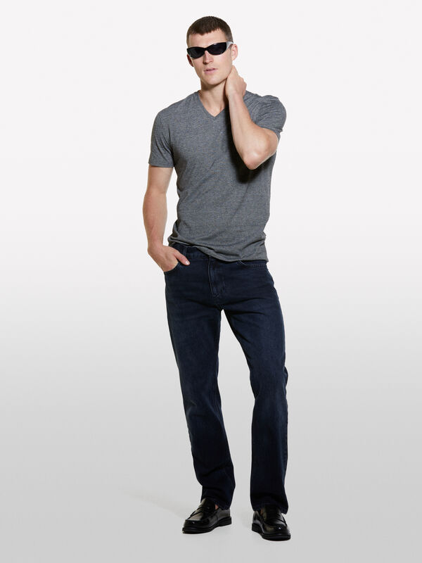 Μπλούζα γκρι σκούρο χρωματιστό νήμα - μπλουζάκια κοντομάνικα ανδρικά | Sisley