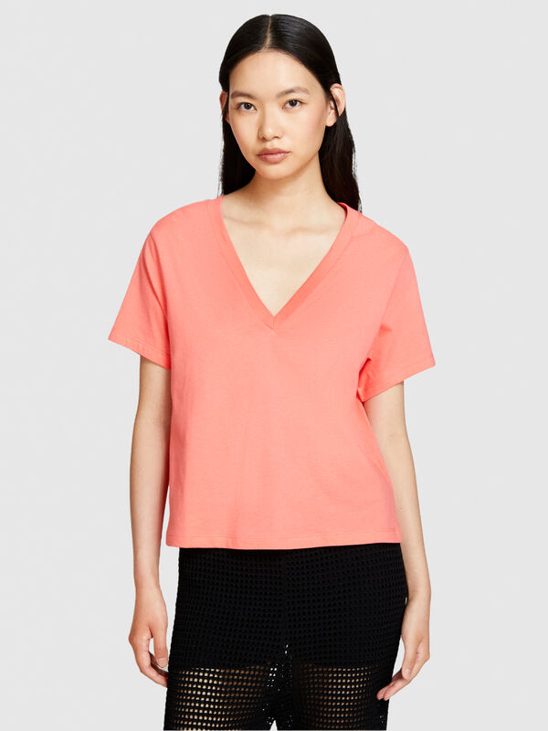 Μπλούζα με V λαιμόκοψη από 100% οργανικό βαμβακερό - μπλουζάκια κοντομάνικα γυναικεία | Sisley