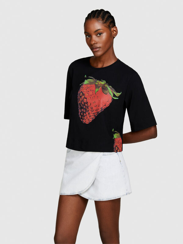Μπλούζα από οργανικό βαμβακερό με τύπωμα - μπλουζάκια κοντομάνικα γυναικεία | Sisley