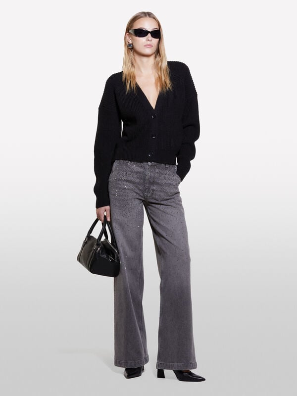 Τζιν γκρι σκούρο με στρας - τζιν φαρδιά γυναικεία | Sisley