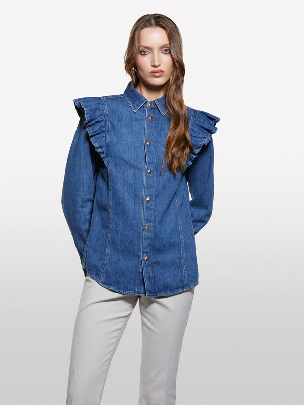 Blue denim shirt with frill - πουκάμισα γυναικεία | Sisley