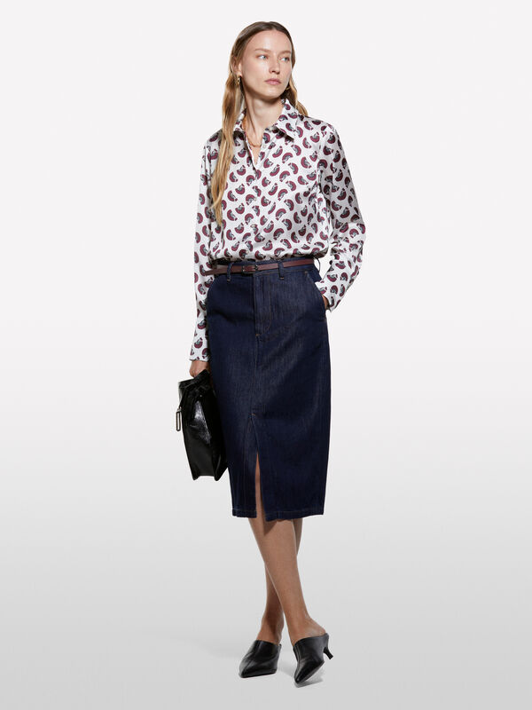 Πουκάμισο λευκό κρεμ από σατέν με τύπωμα - πουκάμισα γυναικεία | Sisley