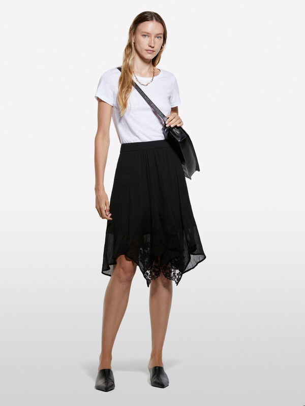 Black uneven skirt in lace and chiffon - φούστες μιντί, longuette γυναικείες | Sisley