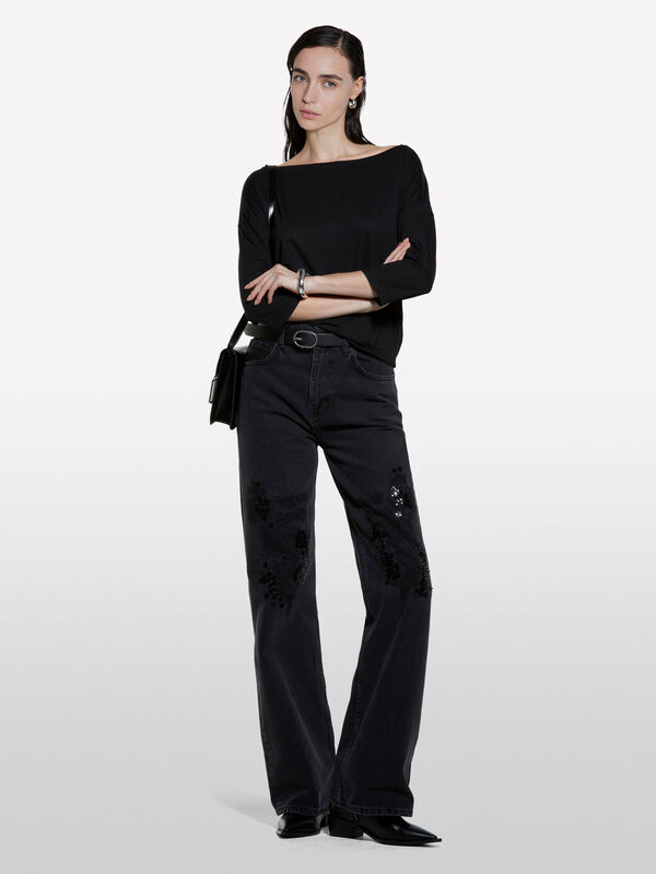 Μπλούζα μαύρη με λαιμόκοψη χαμόγελο - μπλουζάκια μακρυμάνικα γυναικεία | Sisley