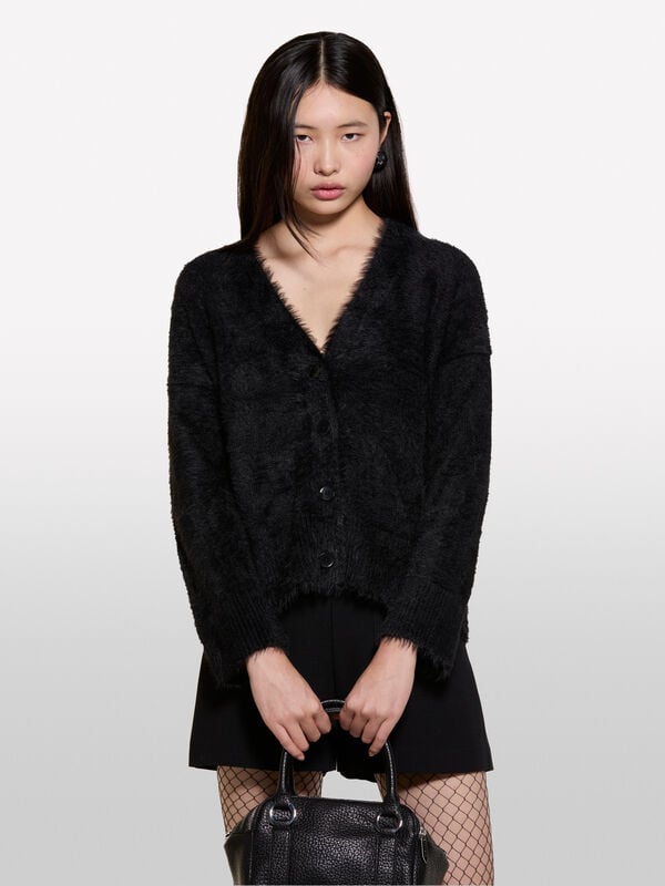 Ζακέτα μαύρη εφέ γούνα - ζακέτες γυναικείες | Sisley