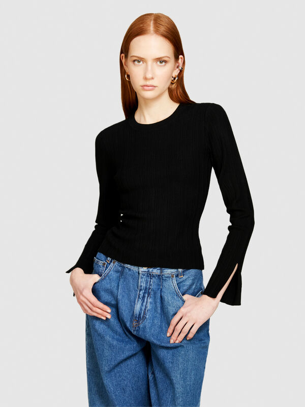 Μπλούζα slim fit με ριπ ύφανση - μπλούζες με λαιμόκοψη γυναικείες | Sisley