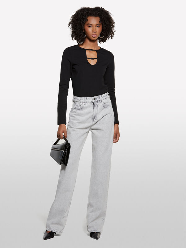 Black t-shirt with cut-out - μπλουζάκια μακρυμάνικα γυναικεία | Sisley