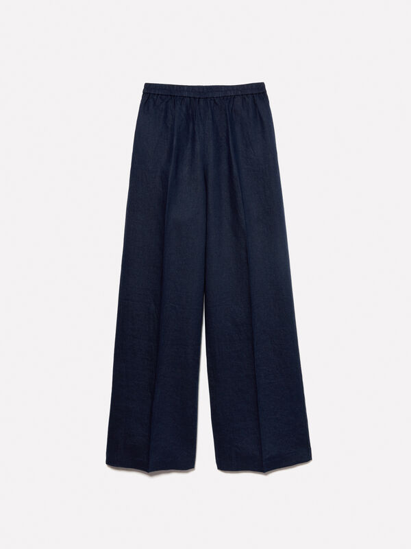 Παντελόνι μπλε σκούρο flare fit από 100% λινό Παντελόνι μπλε σκούρο flare fit από 100% λινό - παντελόνια καμπάνα γυναικεία | Sisley