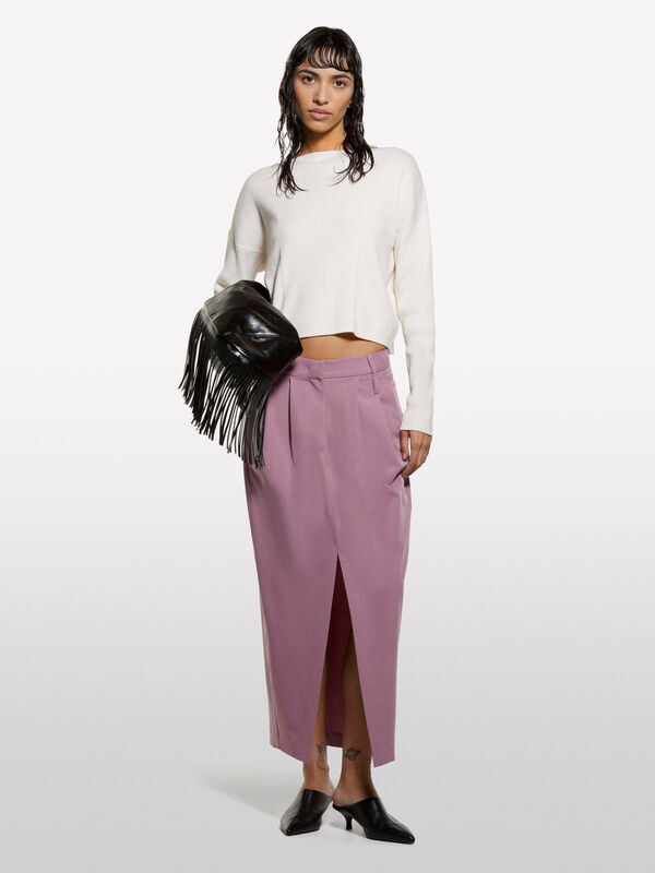 Cream white sweater with boat neck - μπλούζες με λαιμόκοψη χαμόγελο γυναικείες | Sisley