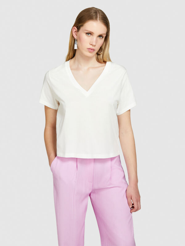 Μπλούζα με V λαιμόκοψη από 100% οργανικό βαμβακερό - μπλουζάκια κοντομάνικα γυναικεία | Sisley