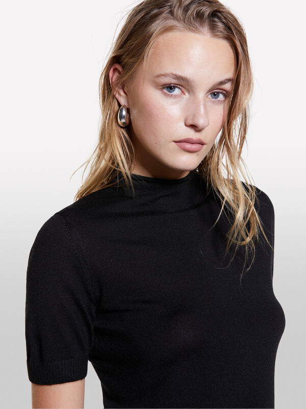 Μπλούζα μαύρη με μισά μανίκια - μπλούζες ζιβάγκο γυναικείες | Sisley