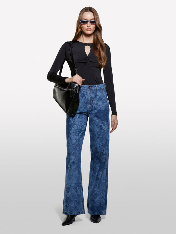 Black t-shirt with curl  - μπλουζάκια μακρυμάνικα γυναικεία | Sisley