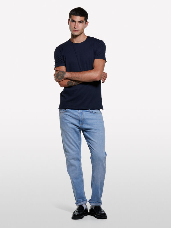 Μπλούζα κοντομάνικη μπλε σκούρο slim fit - μπλουζάκια κοντομάνικα ανδρικά | Sisley