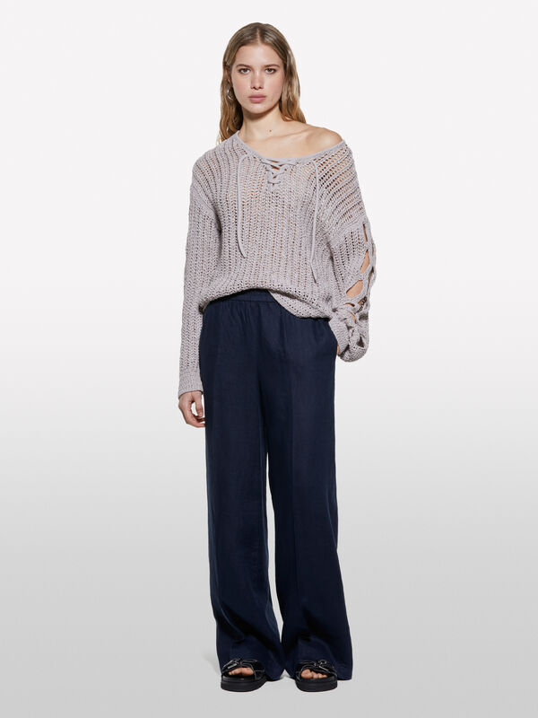 Παντελόνι μπλε σκούρο flare fit από 100% λινό - παντελόνια καμπάνα γυναικεία | Sisley