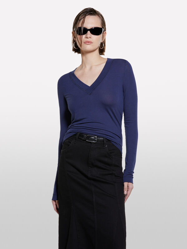 Μπλούζα μακρυμάνικη slim fit μπλε σκούρο - μπλουζάκια μακρυμάνικα γυναικεία | Sisley