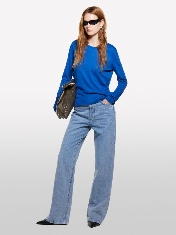 Μπλούζα μπλε μακρυμάνικη με λαιμόκοψη - μπλουζάκια μακρυμάνικα γυναικεία | Sisley