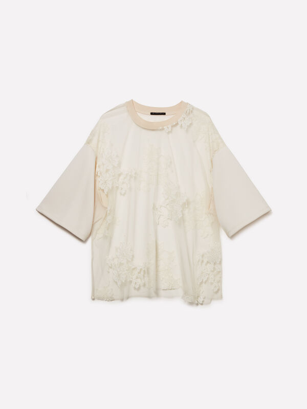 Μπλούζα λευκό κρεμ από δαντέλα  - μπλουζάκια κοντομάνικα γυναικεία | Sisley