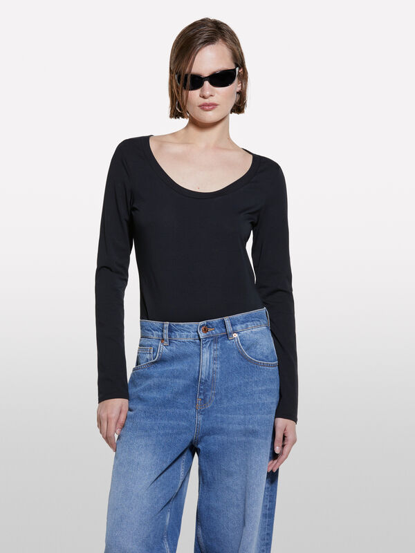 Μπλούζα slim fit μαύρη - μπλουζάκια μακρυμάνικα γυναικεία | Sisley