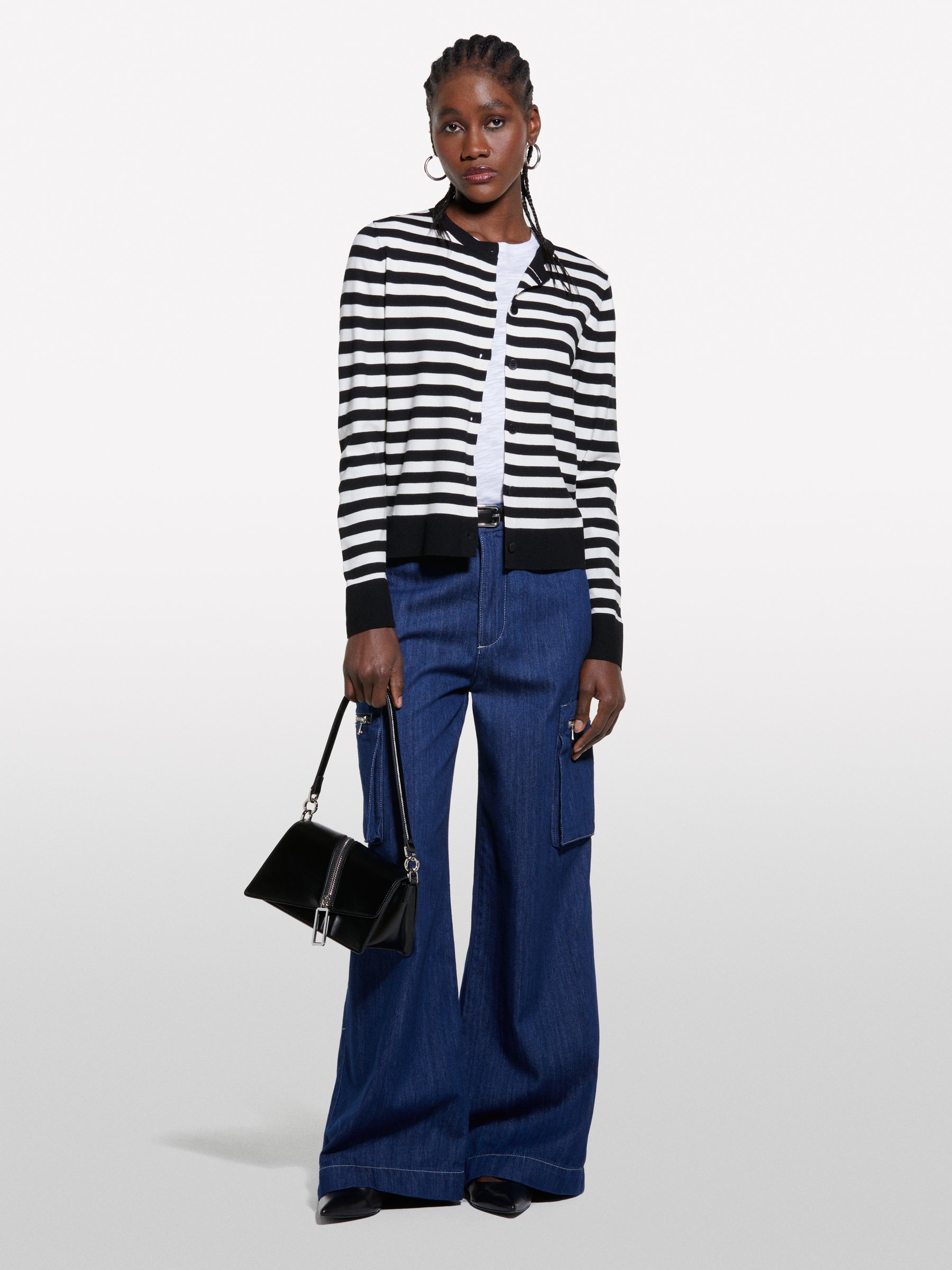 Sisley - Schwarz Und Creme-weiß Gestreifter Cardigan, Frau, Bunt, Größe: L